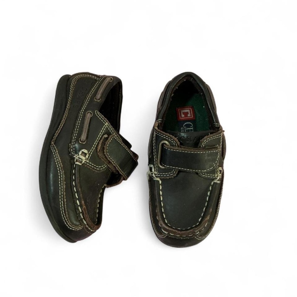 Chaps Boys Brown Faux Leather Boat‎ Shoes Hook and Loop Size 7 Preowned